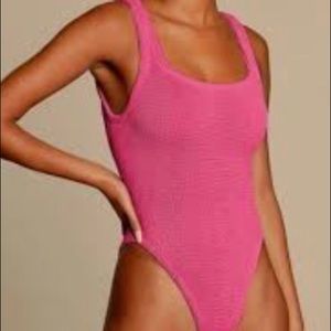 Hunza G square neck swimsuit in Fuschia.
